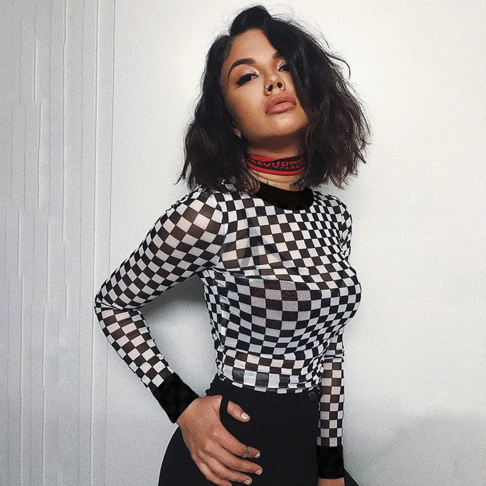 ZARA Sexy Sheer Mesh Plaid Long Sleeve Blouse Black White Autumn Winter